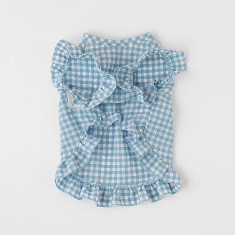 Gingham Check Frill Dress - Blue M