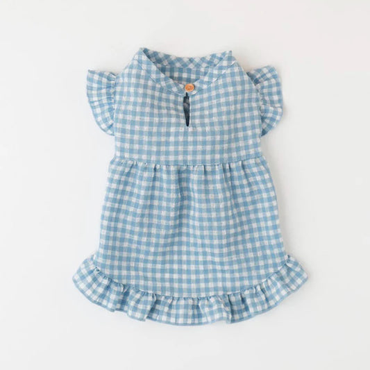 Gingham Check Frill Dress - Blue M